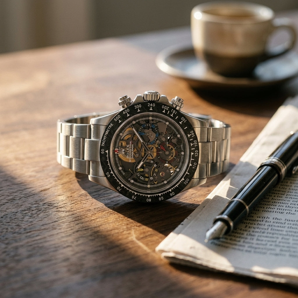 Steel skeleton chronograph with a marbled carbon bezel on a dark walnut desk beside a fountain pen