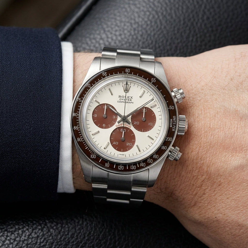 Steel chronograph with a white dial and brown counters on its steel bracelet, worn on the wrist below a dark suit cuff
