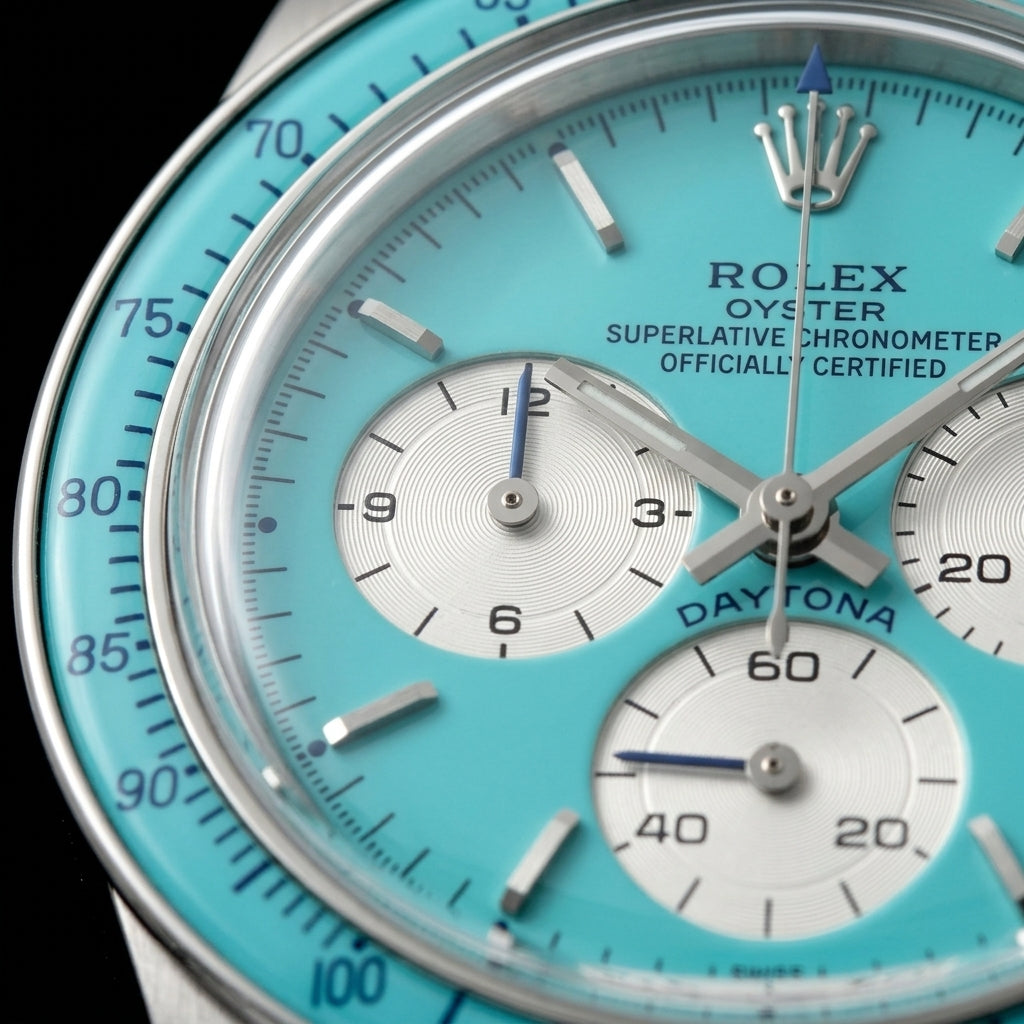 Macro of the turquoise dial with steel batons, silver-white counters and blue counter hands