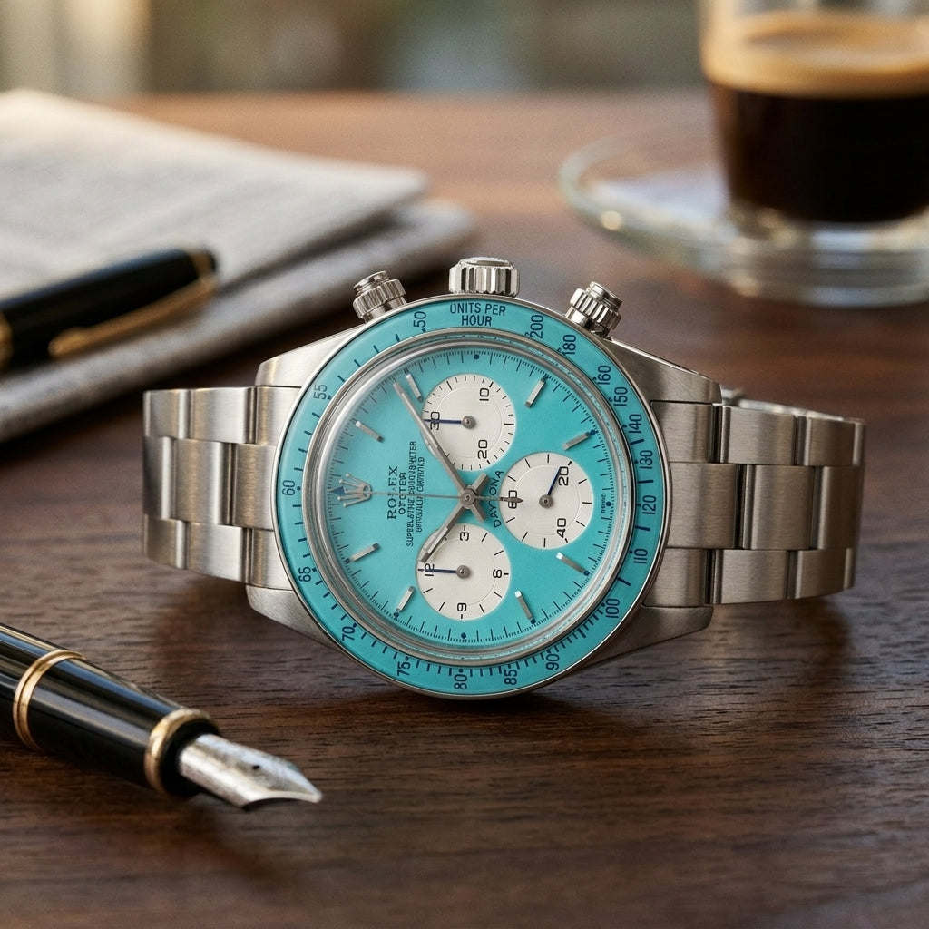 Steel chronograph with a turquoise dial and bezel on a pale stone desk beside a fountain pen