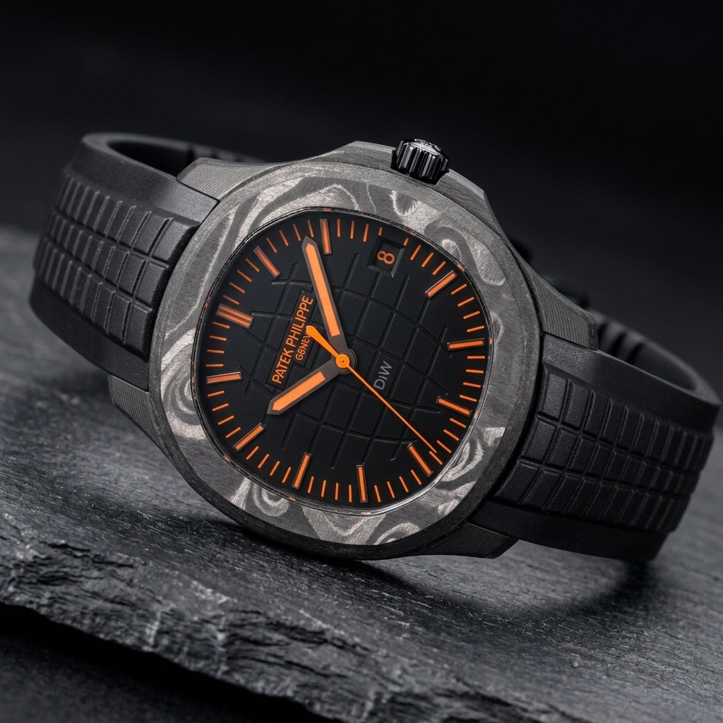 Black forged-carbon grid-dial watch at a three-quarter angle on dark slate, grey marbling across the bezel and a black fluted crown