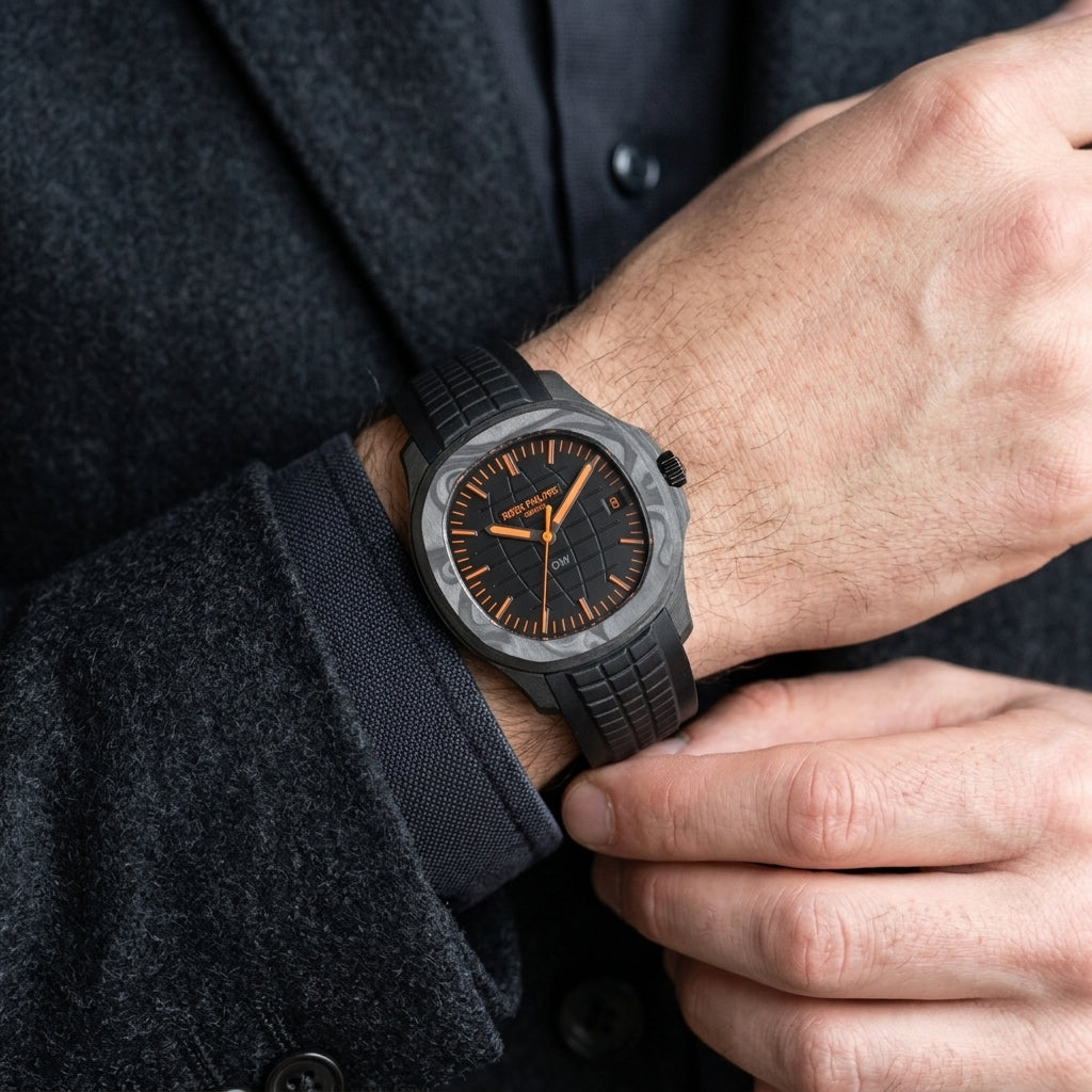 Black forged-carbon grid-dial watch with orange details on the wrist as a shirt cuff is fastened