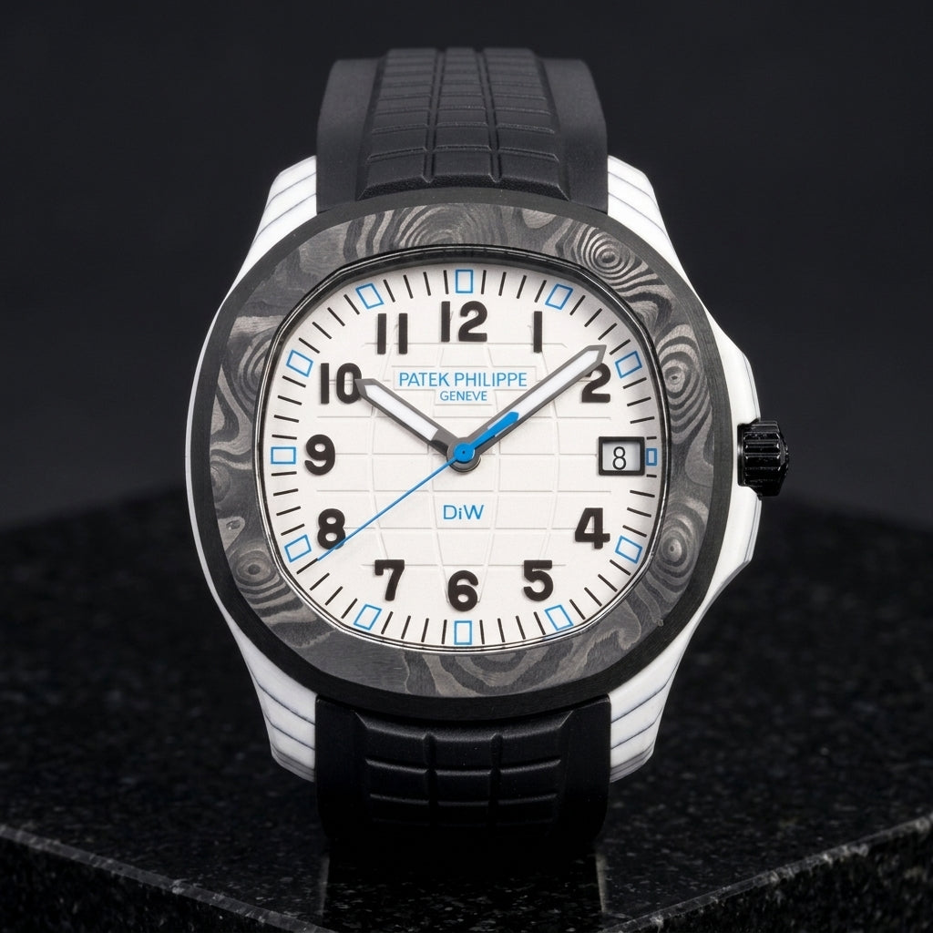 White carbon grid-dial watch with a black marbled bezel and blue hour markers on a black rubber strap, upright on polished black granite