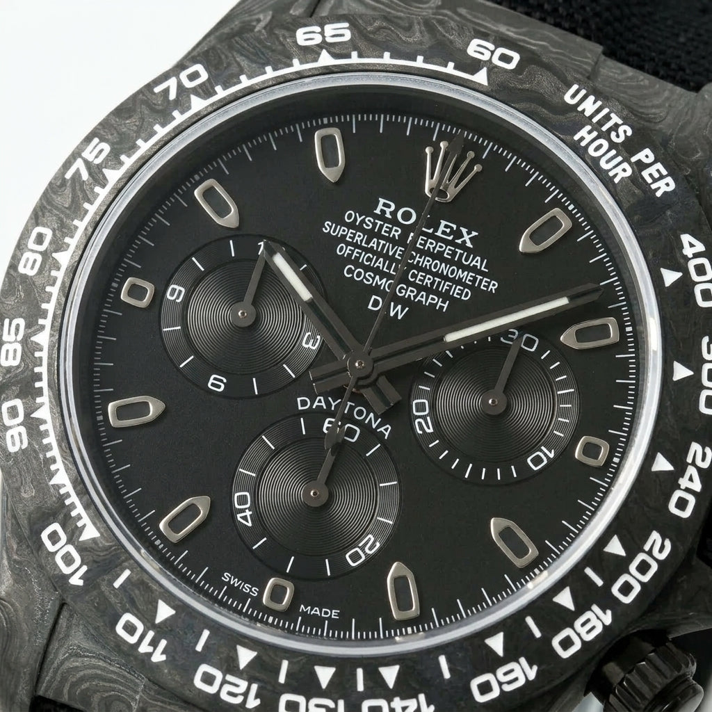 Macro of the matte black dial and its three turntable-brushed black counters