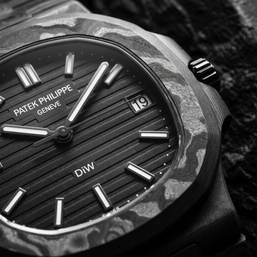 Macro of the ribbed black dial and the marbled carbon bezel