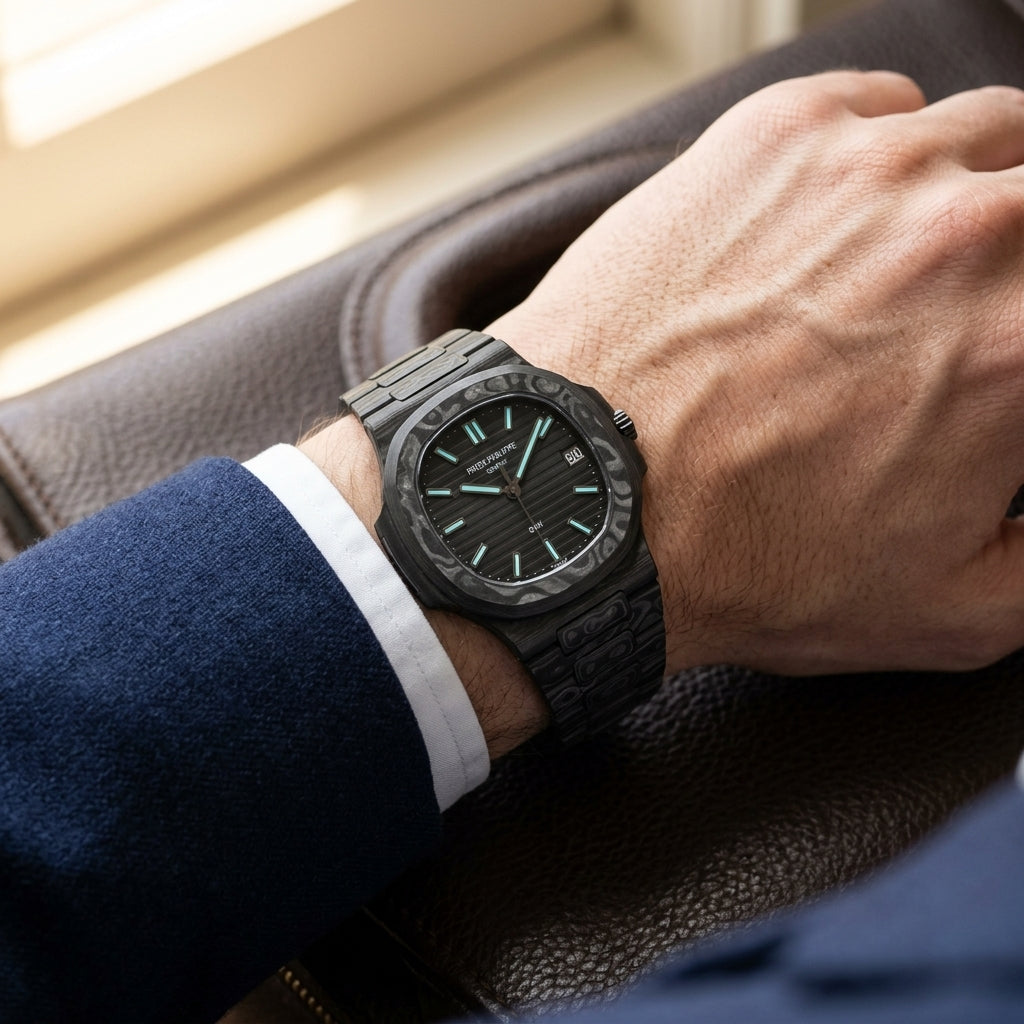 All black carbon sports watch worn under a navy suit cuff