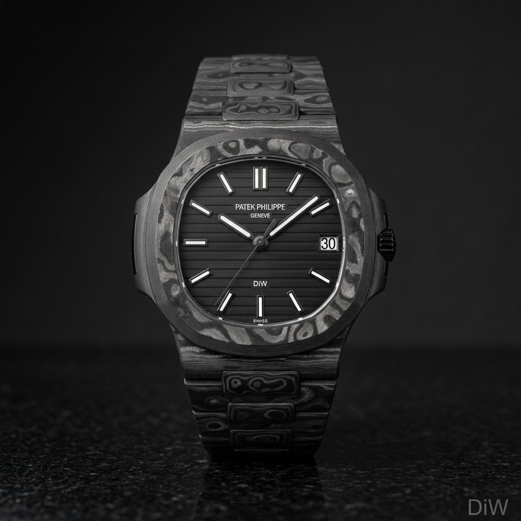 All black carbon sports watch and carbon bracelet upright on black granite