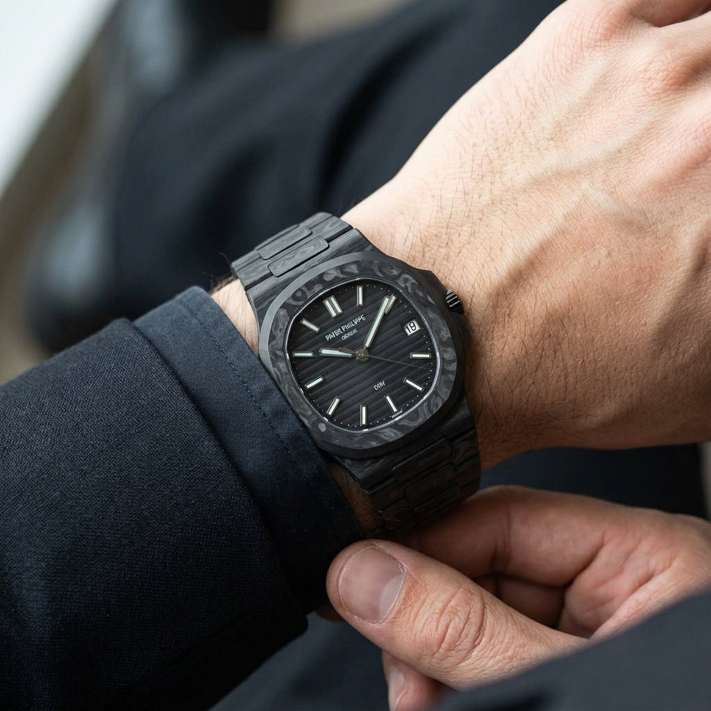 All black forged carbon sports watch on the wrist as a shirt cuff is fastened