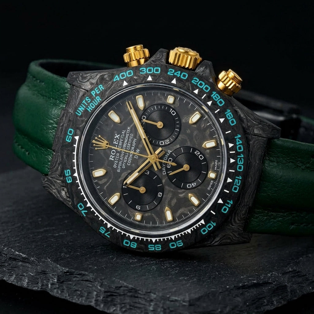 Forged-carbon chronograph with gold hands at a three-quarter angle on dark slate