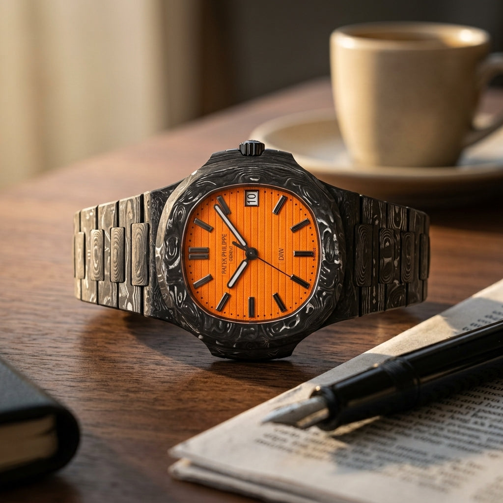 Forged carbon sports watch with an orange dial and black markers on a dark walnut desk beside a fountain pen