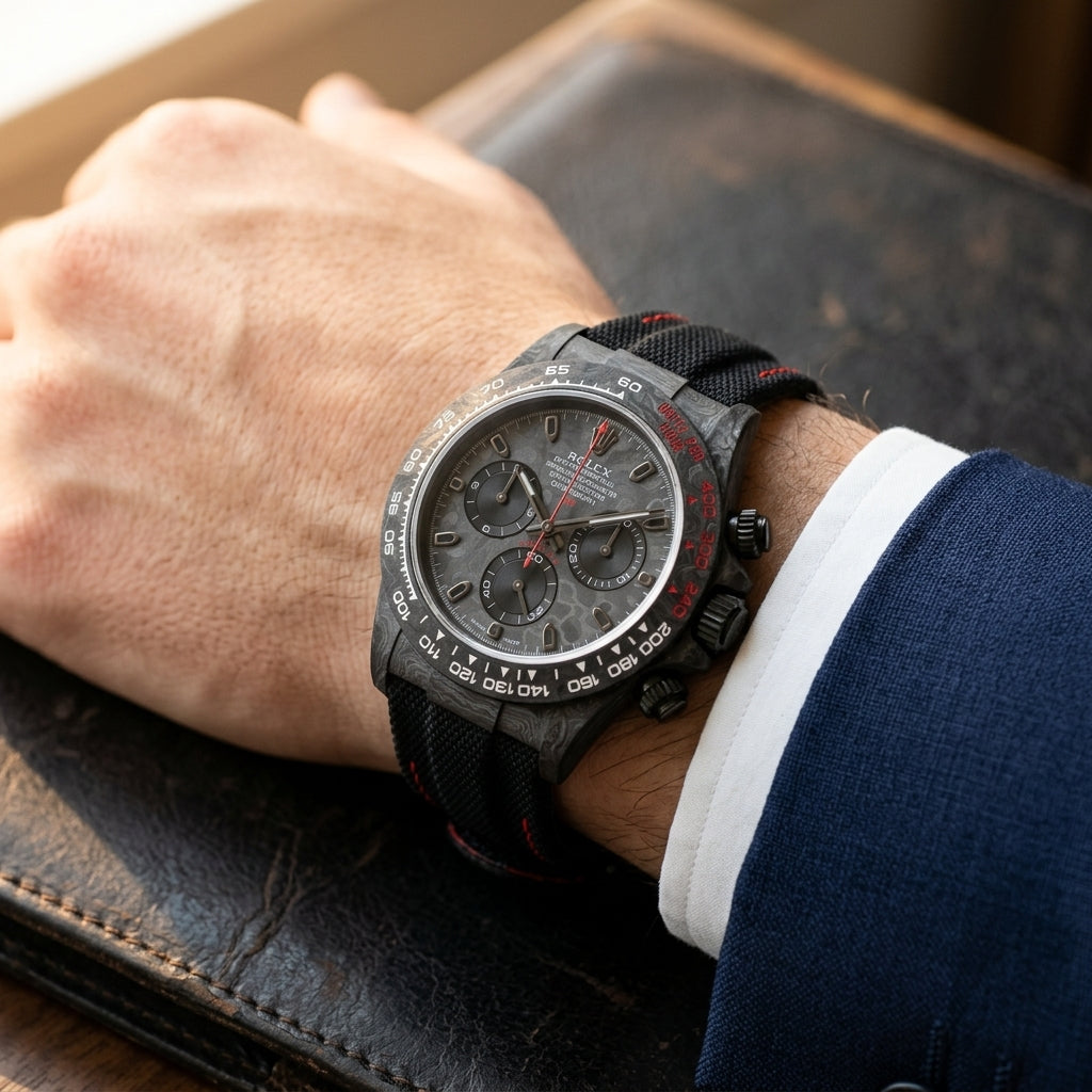 Forged-carbon chronograph on a black woven strap with red stitching, worn under a cuff
