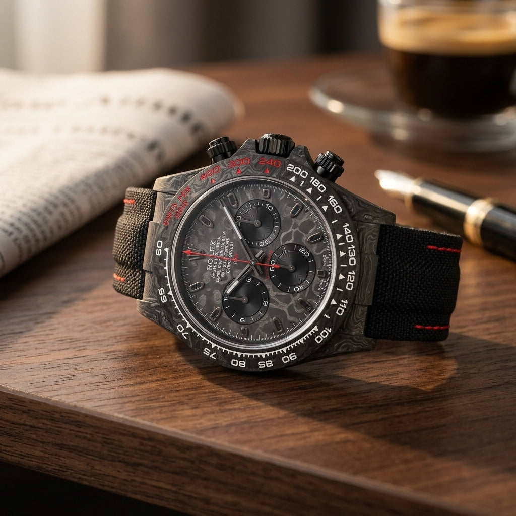 Forged-carbon chronograph with a carbon dial and red seconds hand on a dark walnut desk beside a fountain pen