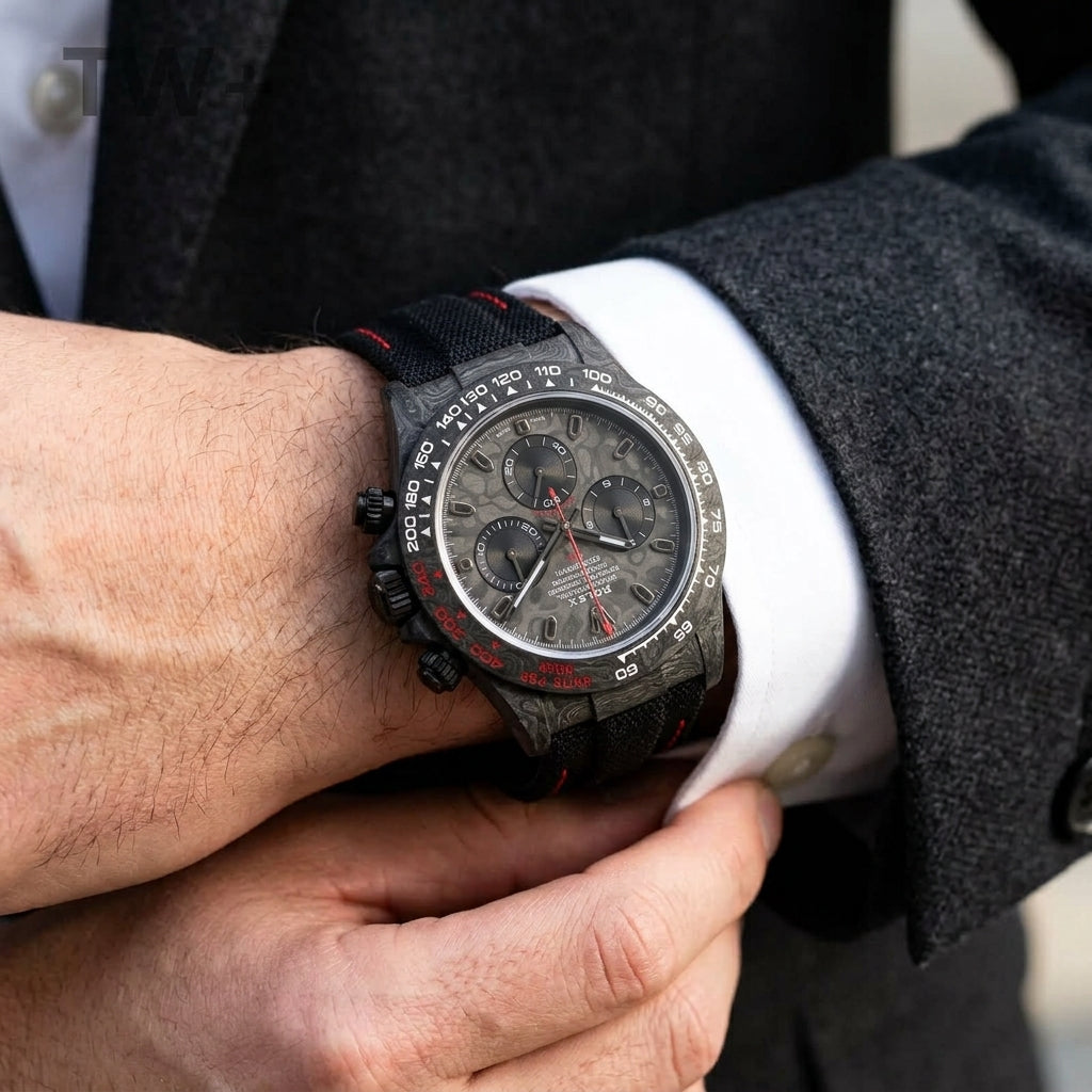 Forged-carbon chronograph with a carbon dial and red seconds hand on the wrist as a shirt cuff is fastened