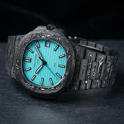 Carbon sports watch at a three-quarter angle on dark slate