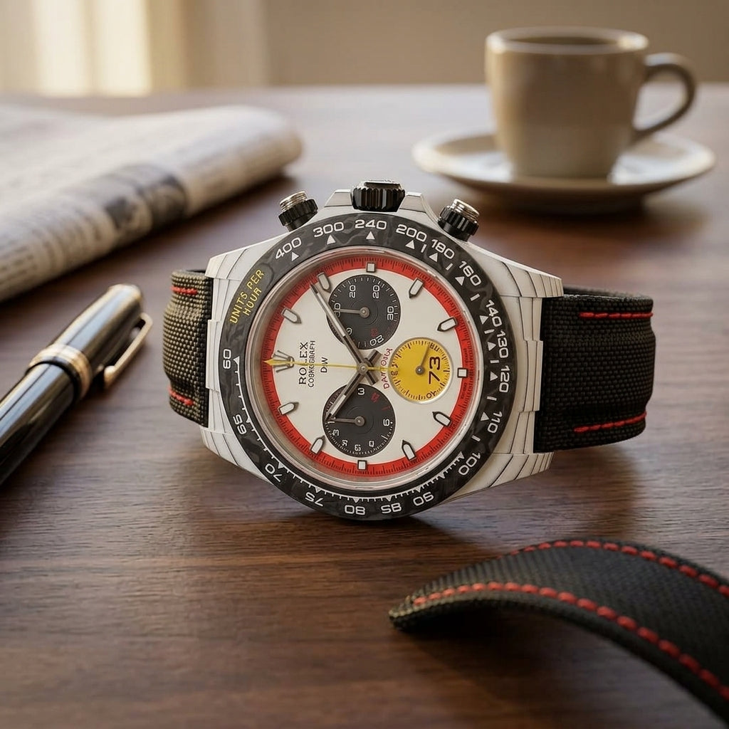 White forged carbon chronograph with a red-ringed cream dial and a yellow 73 counter on a dark walnut desk beside a fountain pen