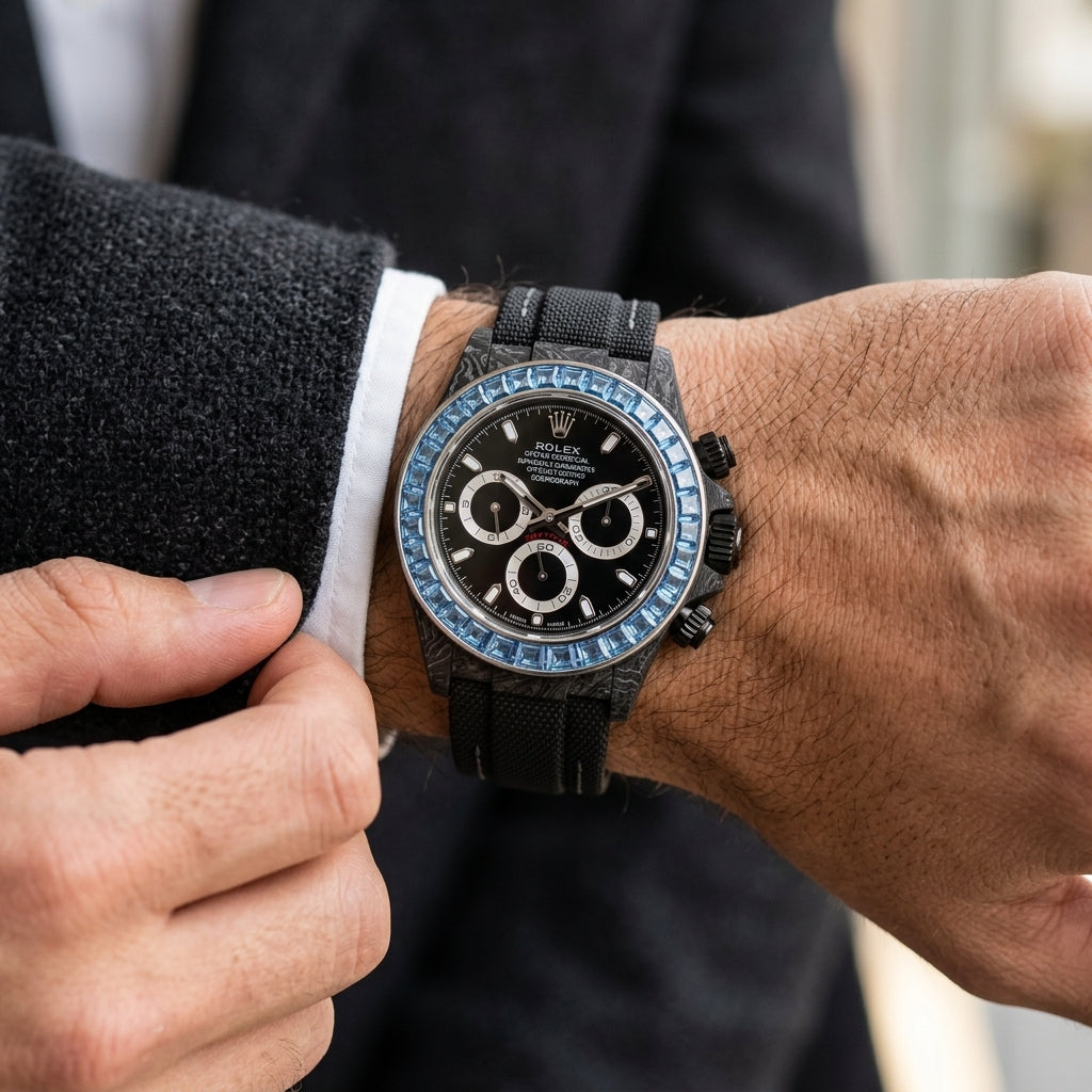 Black forged-carbon chronograph with a sky-blue stone bezel and a black dial on the wrist as a shirt cuff is fastened