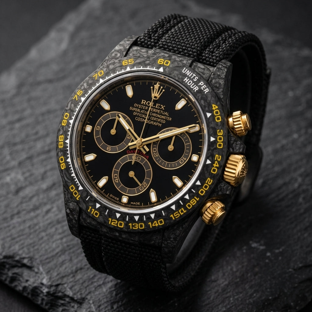 Black forged carbon chronograph at a three-quarter angle on dark slate, its gold crown and pushers against the marbled carbon flank