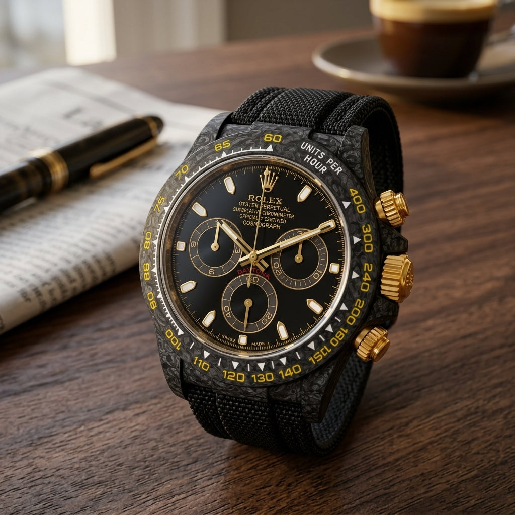 Black forged carbon chronograph with a black and gold dial and a yellow tachymeter scale on a dark walnut desk beside a fountain pen