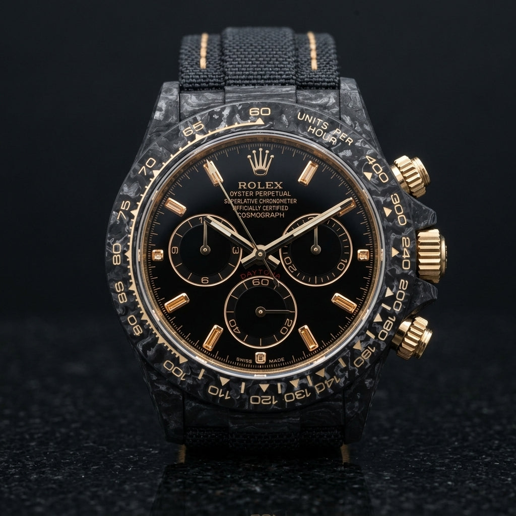 Black forged carbon chronograph with champagne baguette stone markers on a black dial and a pale gold tachymeter scale, upright on polished black granite