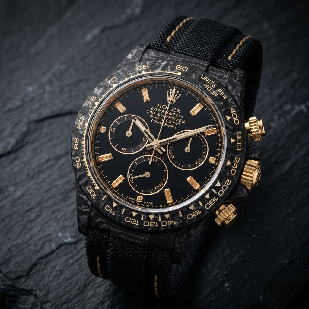 Black forged carbon chronograph at a three-quarter angle on dark slate, its gold crown and pushers against the marbled carbon flank
