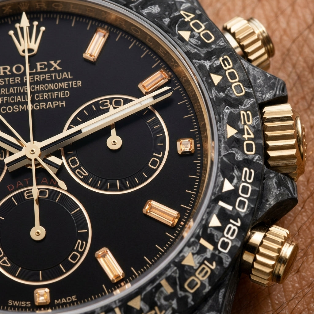Macro of the black dial with champagne baguette stones in gold settings and three gold-ringed counters, inside the gold-printed carbon bezel