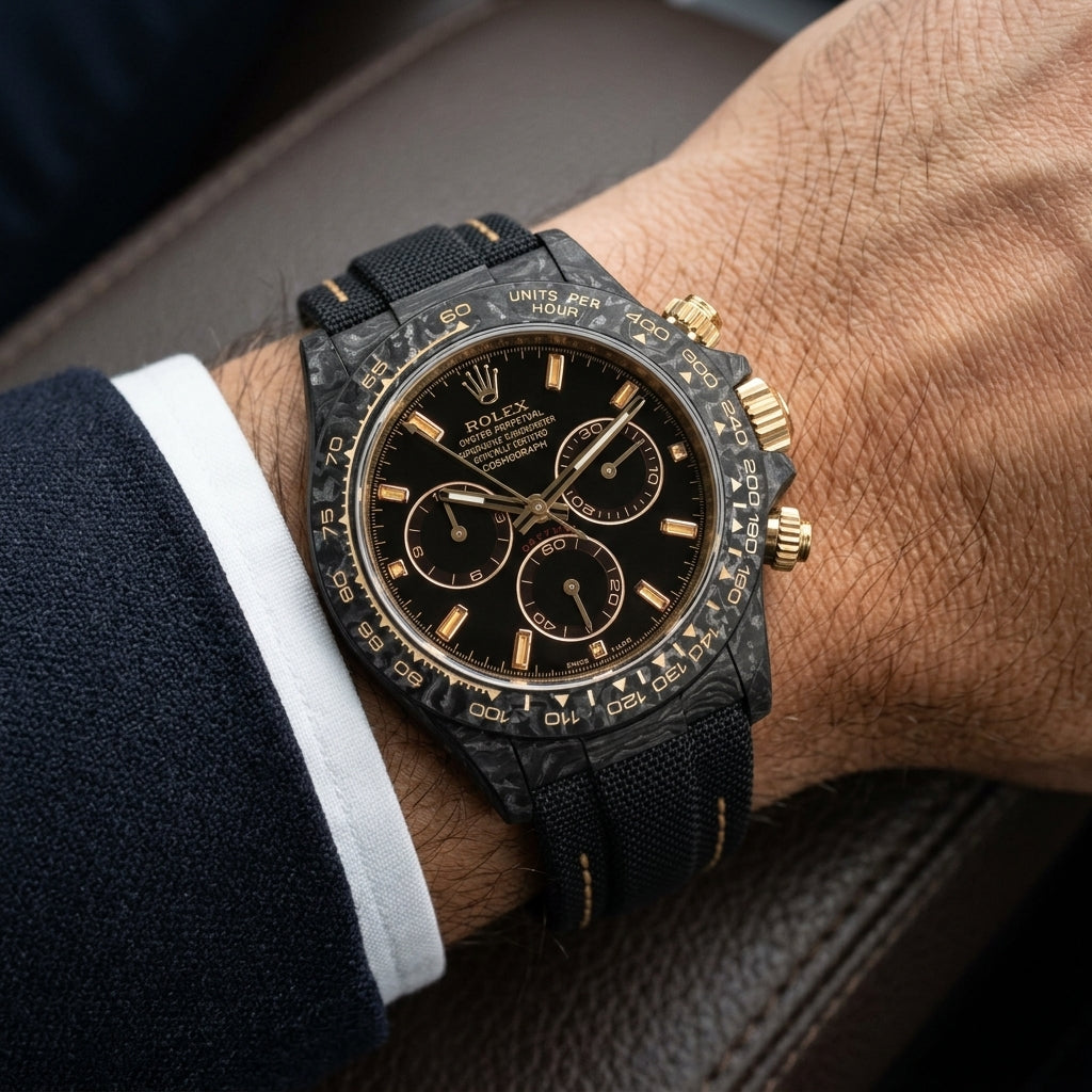 Black carbon chronograph with champagne baguette markers on its black woven strap with tan stitching, worn on the wrist below a navy suit cuff