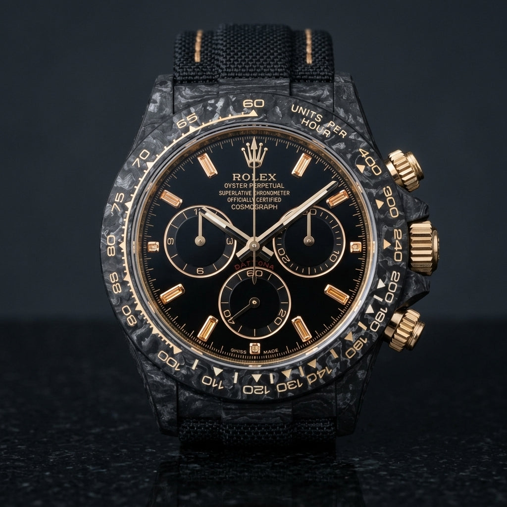 Black carbon chronograph with champagne baguette markers on its black woven strap with tan stitching, worn on the wrist below a navy suit cuff