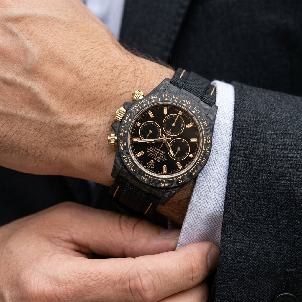 Black forged carbon chronograph with champagne baguette stone markers and a gold tachymeter scale on the wrist as a shirt cuff is fastened