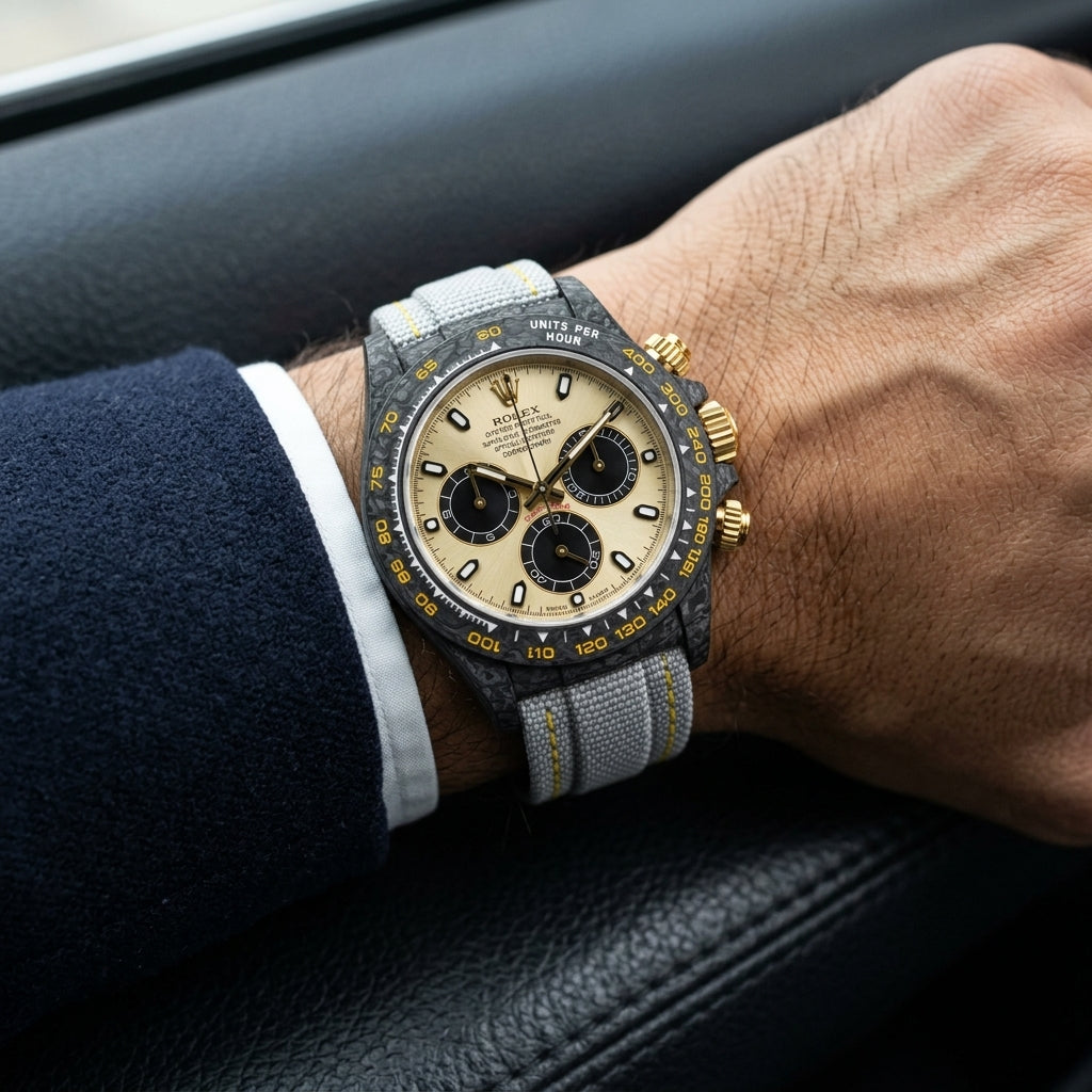 Black carbon chronograph with a champagne dial on its light-grey woven strap with yellow stitching, worn on the wrist below a suit cuff
