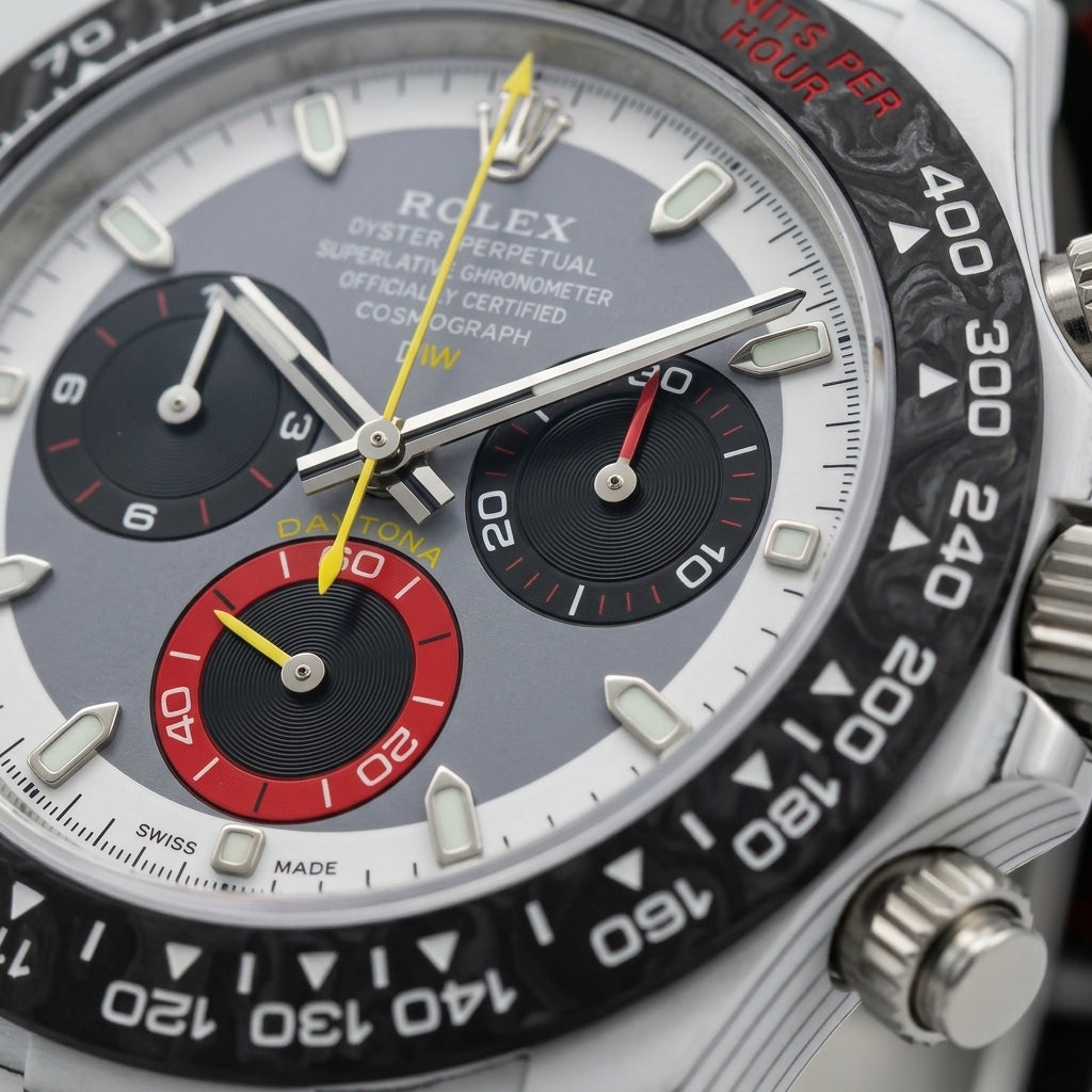 Macro of the grey and white dial inside the black marbled bezel, the red counter and yellow chronograph hand