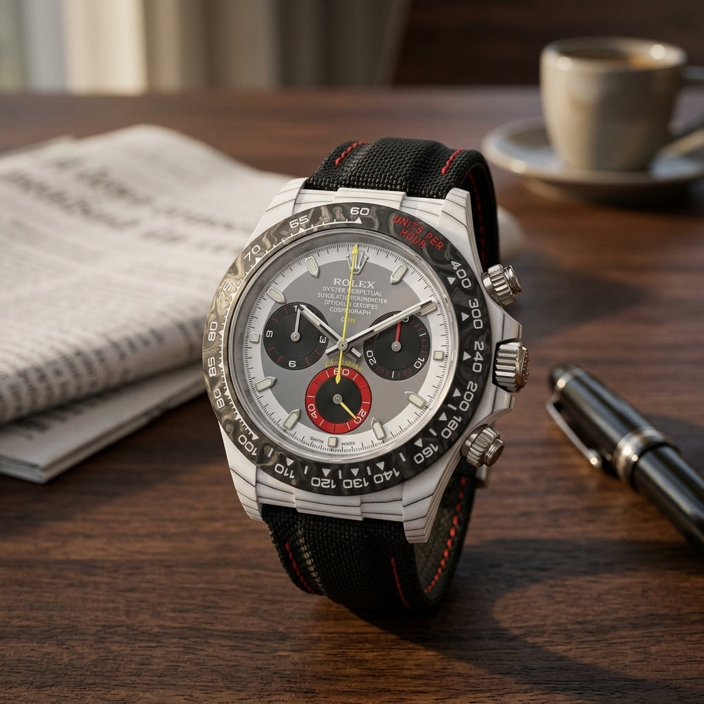 White forged carbon chronograph with a grey dial and a red counter on a dark walnut desk beside a fountain pen