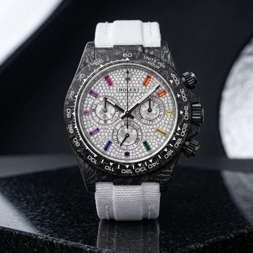 Black forged carbon chronograph with a white-printed carbon bezel and a white pavé dial with rainbow hour stones, upright on polished black granite