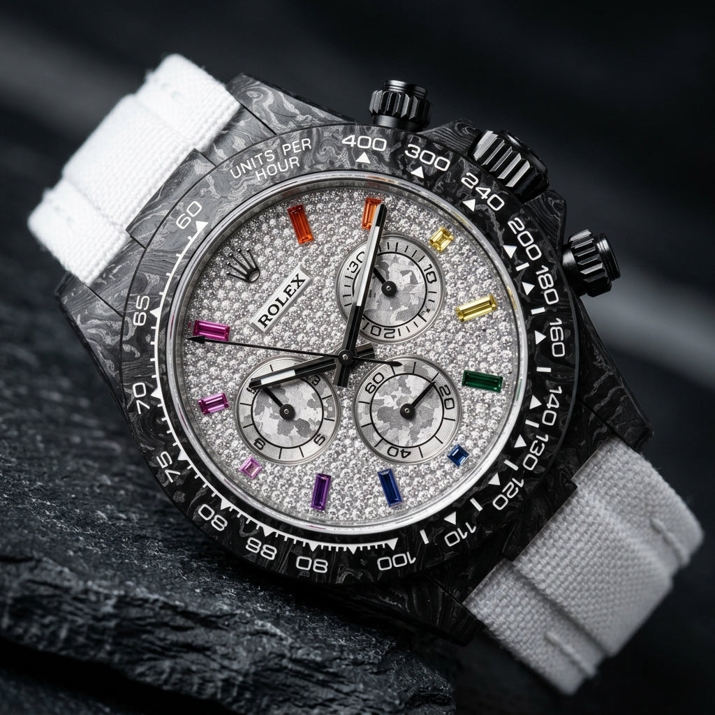 Black forged carbon chronograph at a three-quarter angle on dark slate, its black crown and pushers against the marbled carbon flank