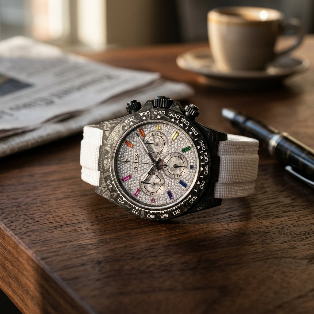 Black forged carbon chronograph with a white pavé dial and rainbow hour markers on a dark walnut desk beside a fountain pen