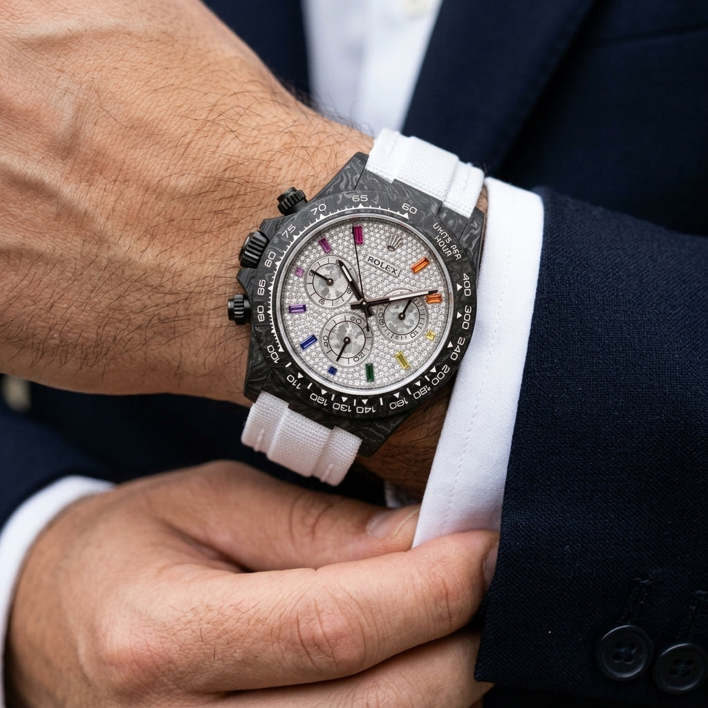 Black forged carbon chronograph with a white pavé dial and rainbow hour markers on the wrist as a shirt cuff is fastened