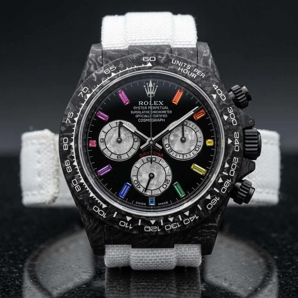 Black forged carbon chronograph with a carbon tachymeter bezel and a black dial with rainbow stone markers, upright on polished black granite