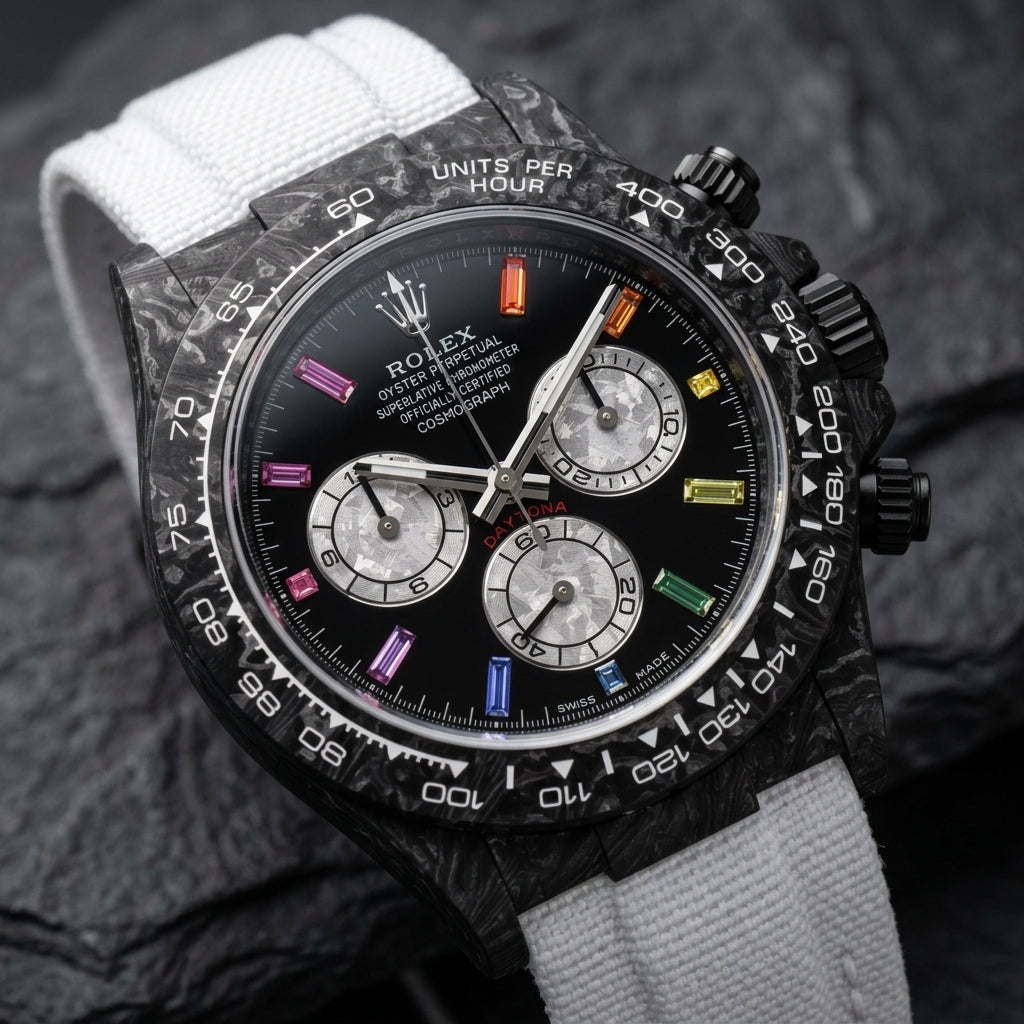 Black forged carbon chronograph at a three-quarter angle on dark slate, the white tachymeter scale on its marbled carbon bezel