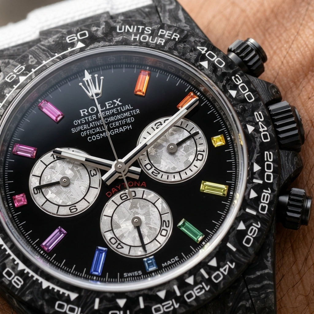 Macro of the glossy black dial with coloured stone hour markers and three silver meteorite-look counters inside the carbon bezel
