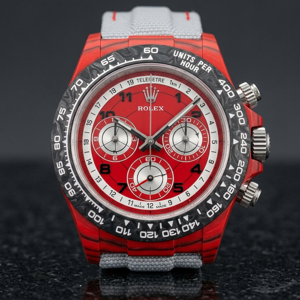 Red forged carbon chronograph with a black carbon bezel, a red telemetre dial and three silver counters, upright on polished black granite