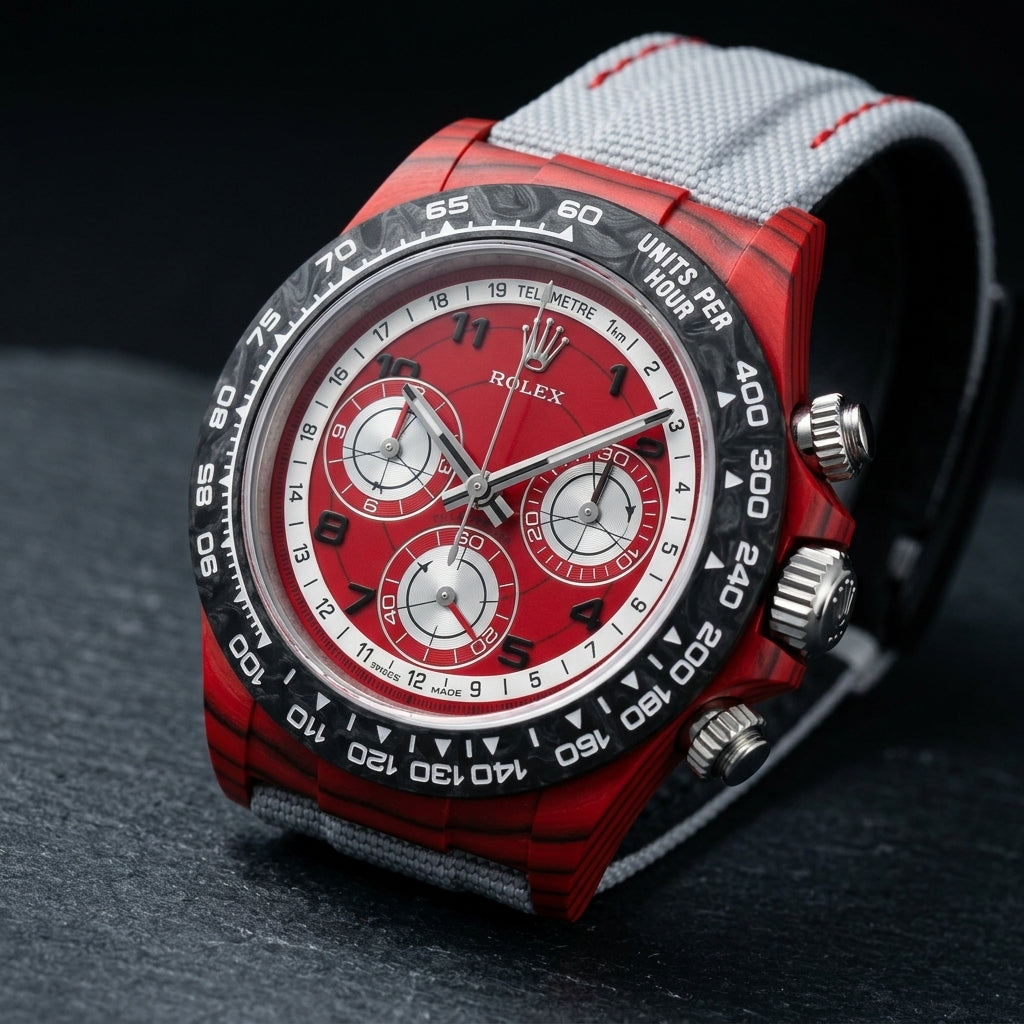 Red forged carbon chronograph at a three-quarter angle on dark slate, fine black layer lines along its flank