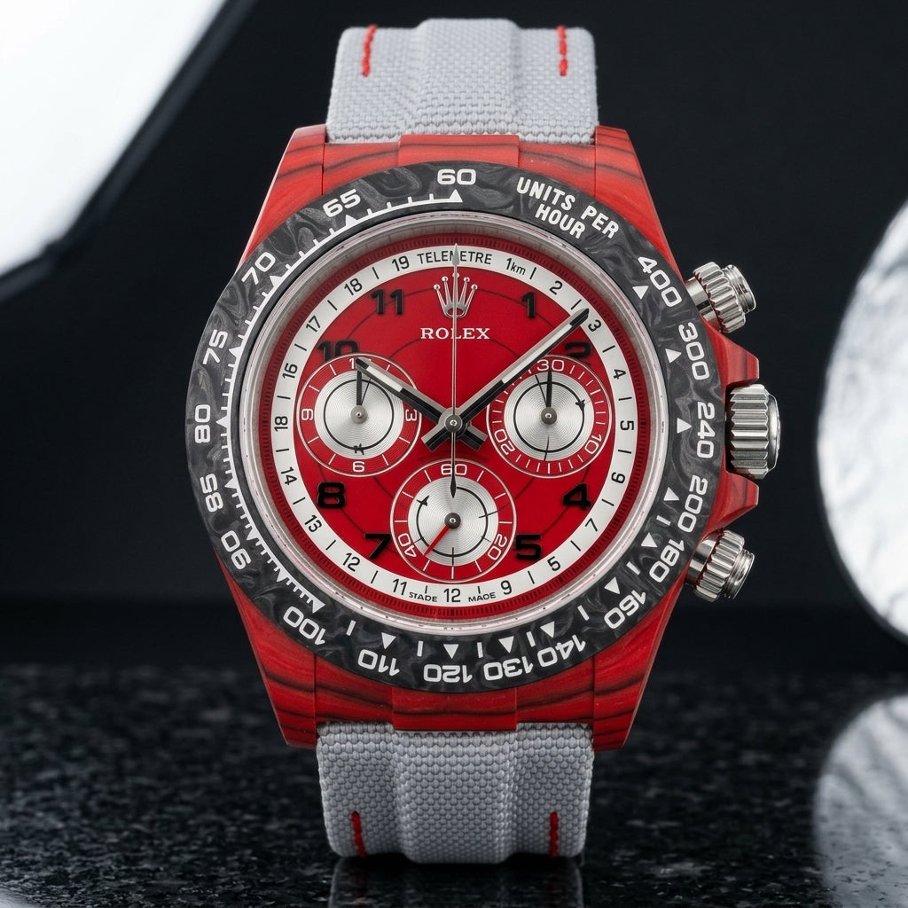 Red carbon chronograph on its light-grey canvas strap with red stitching, worn on the wrist below a navy suit cuff