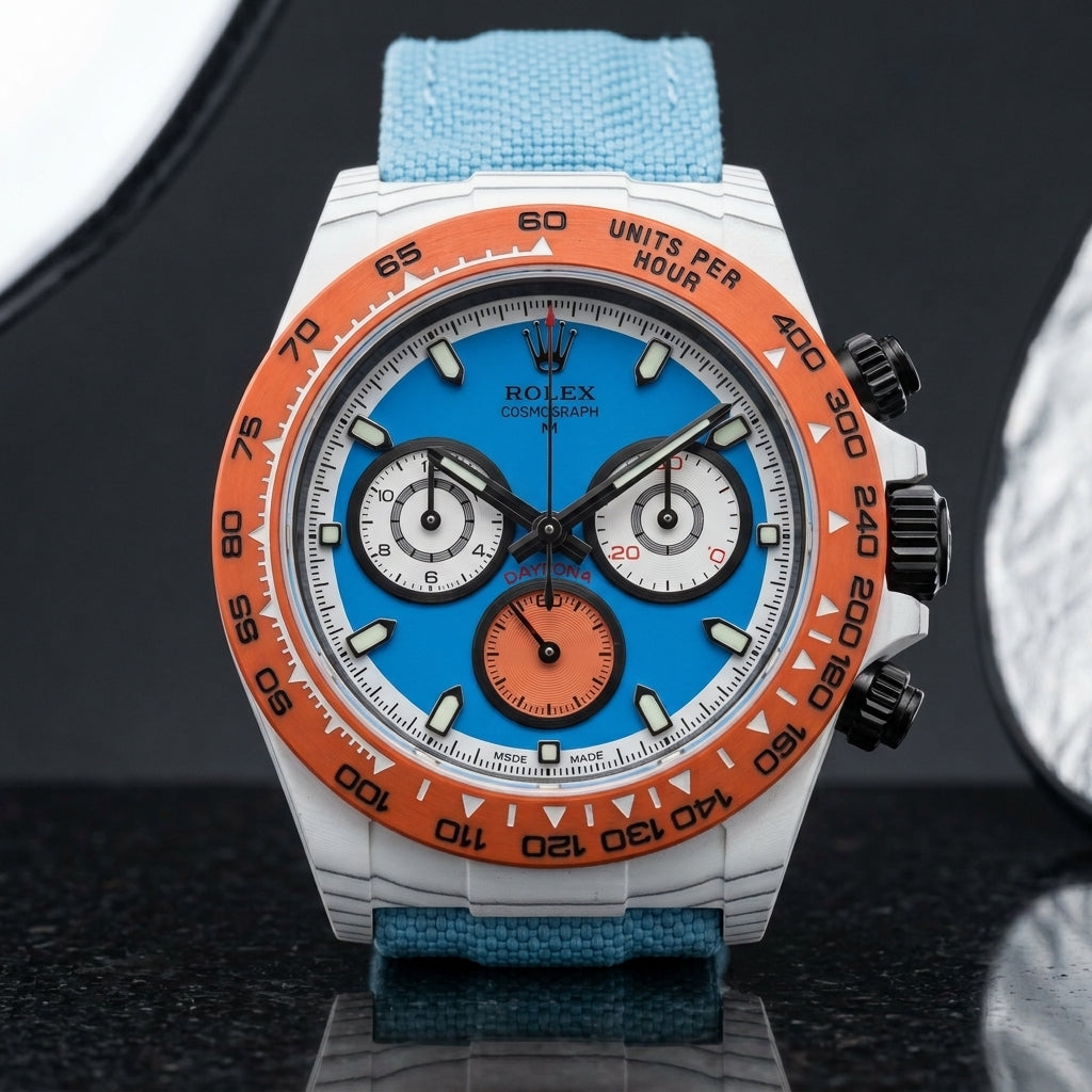 White carbon chronograph on its light sky-blue canvas strap, worn on the wrist below a navy suit cuff