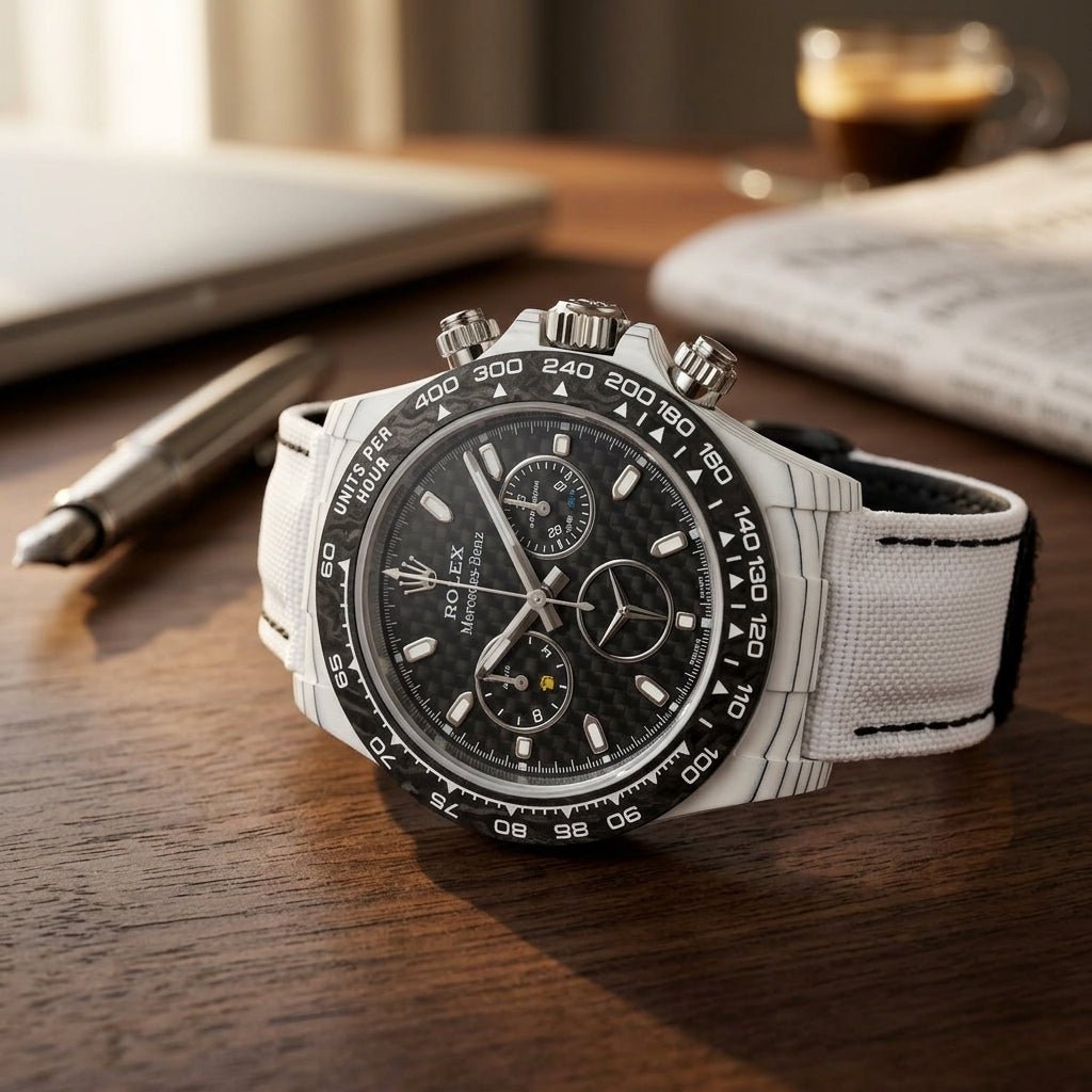 White forged carbon chronograph with a carbon-fibre dial and a star emblem on a dark walnut desk beside a fountain pen