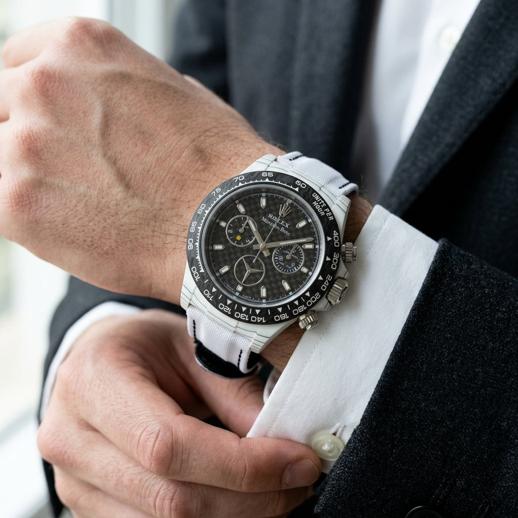 White forged carbon chronograph with a carbon-fibre dial and a star emblem on the wrist as a shirt cuff is fastened