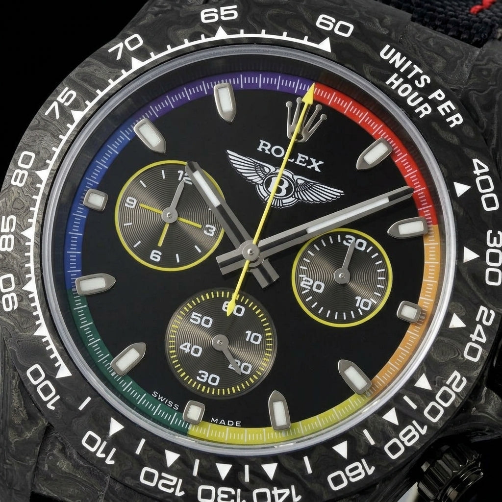 Macro of the glossy black dial, its six-colour minute track, grooved grey counters trimmed in yellow and the yellow chronograph hand