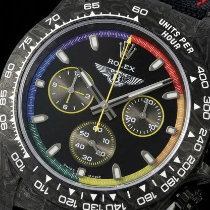 Macro of the glossy black dial, its six-colour minute track, grooved grey counters trimmed in yellow and the yellow chronograph hand