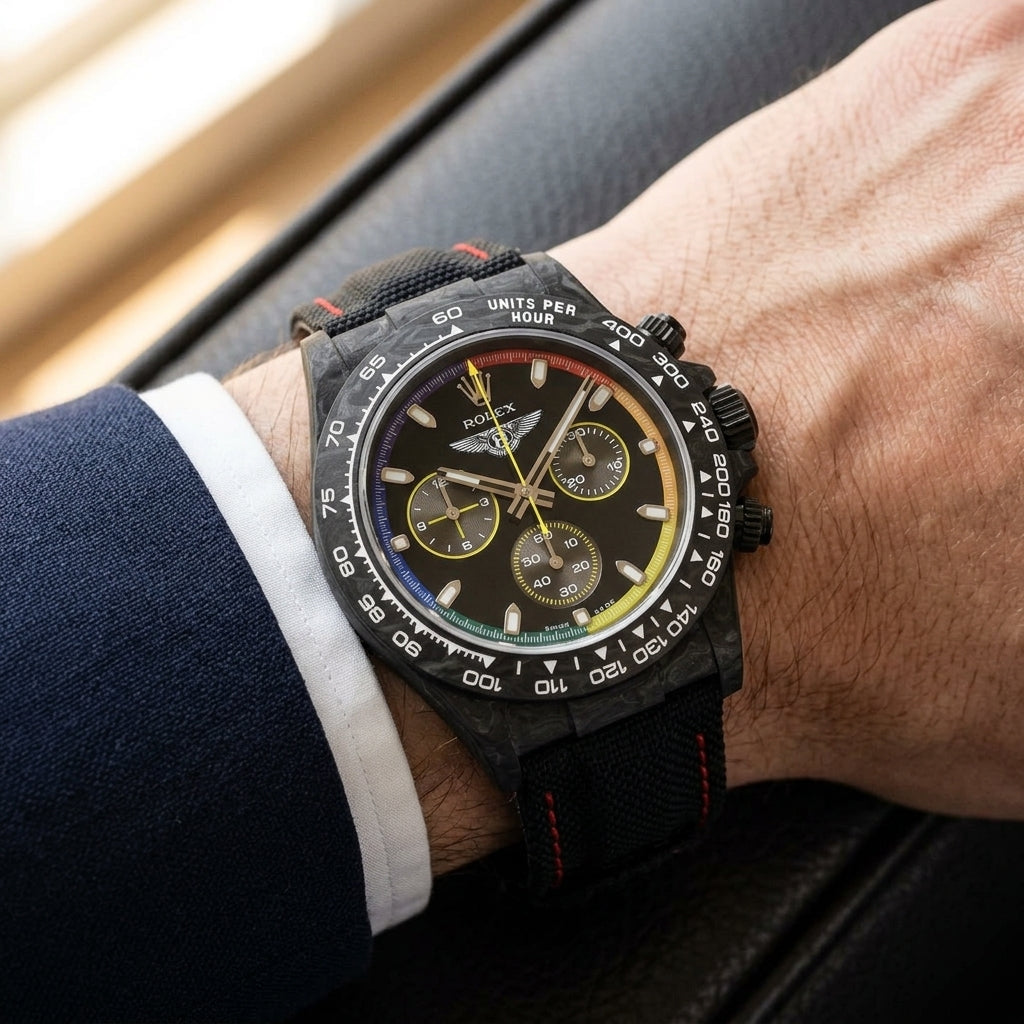 Rainbow-ring forged carbon chronograph on a black strap stitched in red, worn on the wrist below a navy suit cuff