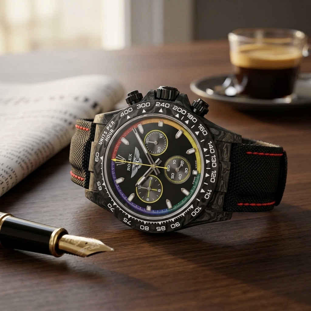 Black forged carbon chronograph with a rainbow ring and a winged emblem on a dark walnut desk beside a fountain pen