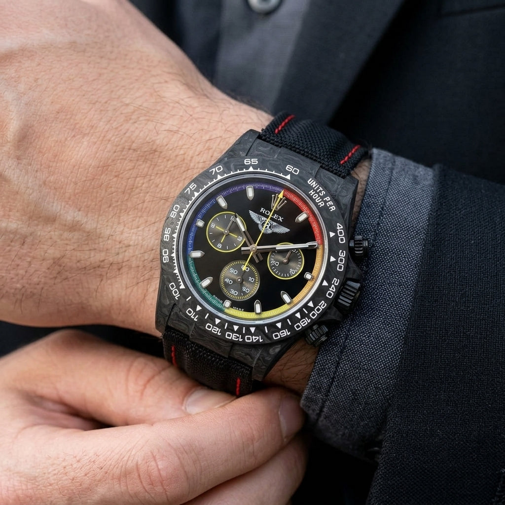 Black forged carbon chronograph with a rainbow ring and a winged emblem on the wrist as a shirt cuff is fastened