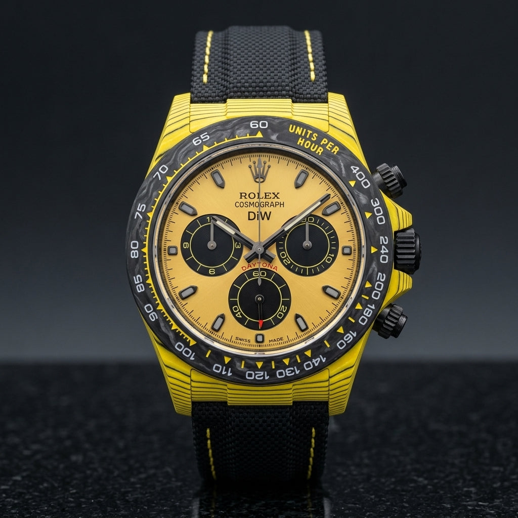 Yellow forged carbon chronograph with a black carbon bezel and a yellow dial with three black counters, upright on polished black granite